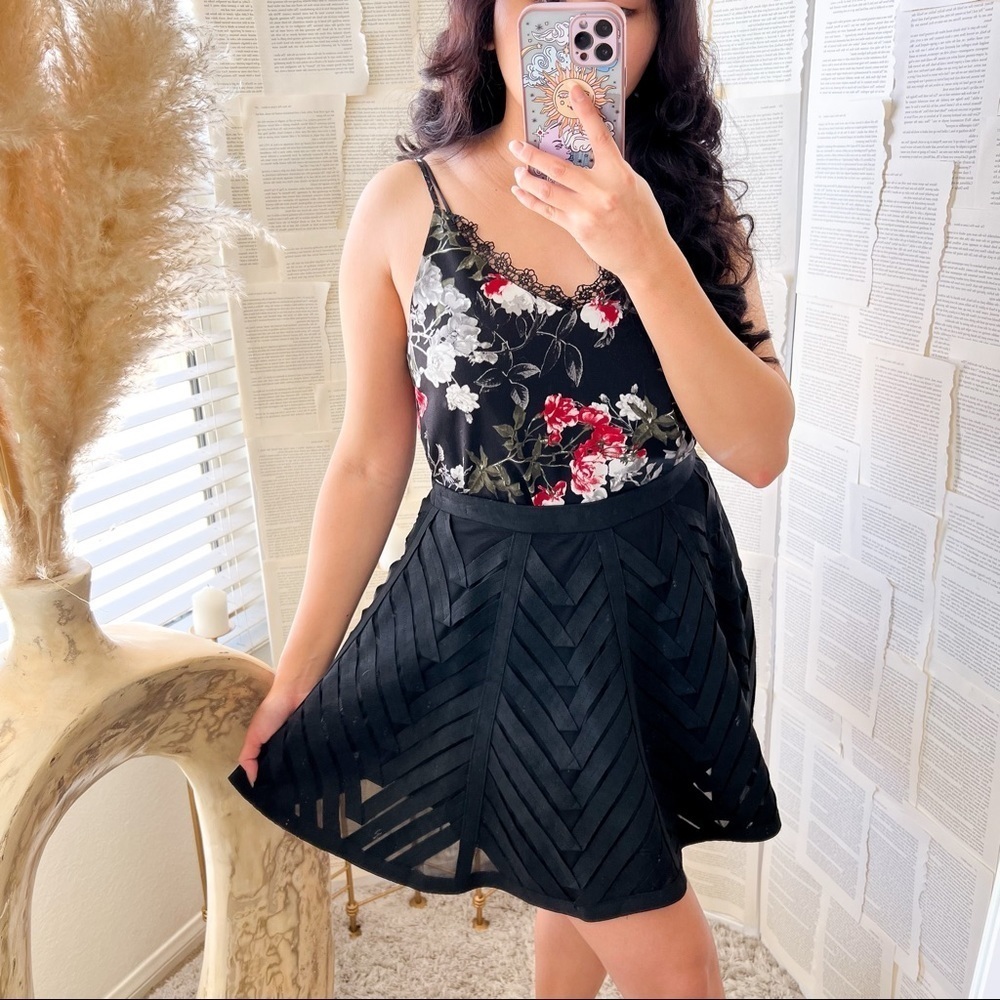 Black Faux Suede Mesh 3D Chevron Structured Skater Skirt